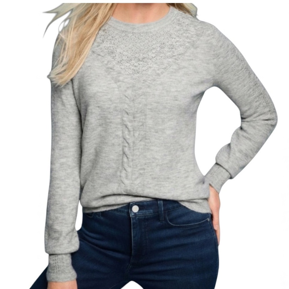 TALBOTS Heather Gray Sweater POINTELLE AIRY & CABLE KNIT TRIM Super Soft SZ S